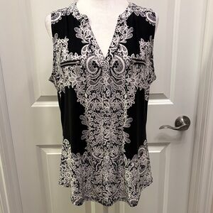 INC International Concepts Black and White Paisley Sleeveless Blouse Large